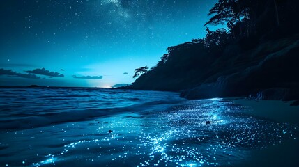 a beach at night with stars in the sky