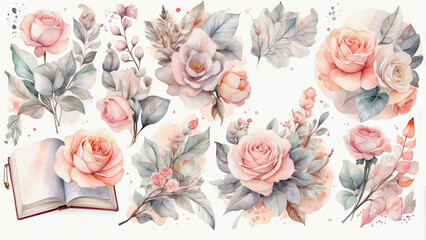 Watercolor floral background with pink roses, eucalyptus branches and leaves. very subtle and gentle wedding summer flowers