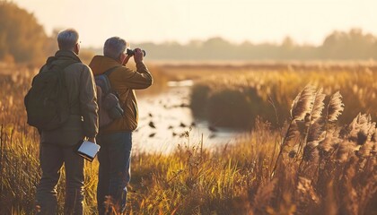a couple of men standing next to each other in a field - obrazy, fototapety, plakaty