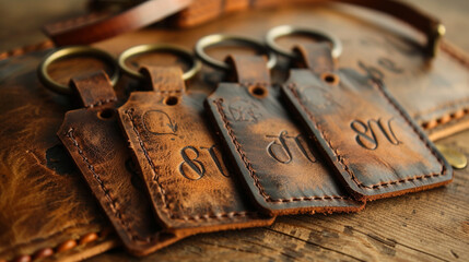 A set of monogrammed, hand-stitched leather luggage tags, symbolizing the journey of love against a rustic parchment backdrop.