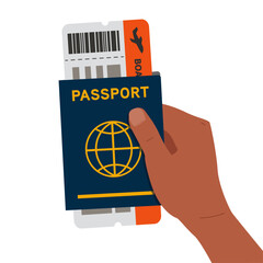 Person holding passport and boarding pass. Travel documents in hand, illustration in flat vector graphic style.