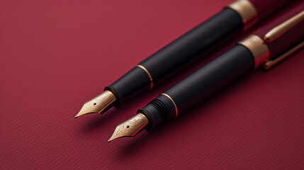 A sleek and modern pen set, delicately poised, embodying the art of written expressions, set against a deep burgundy background.