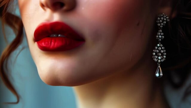 A closeup of a woman with a deep red pout and sparkling drop earrings, channeling the iconic style of Marilyn Monroe.
