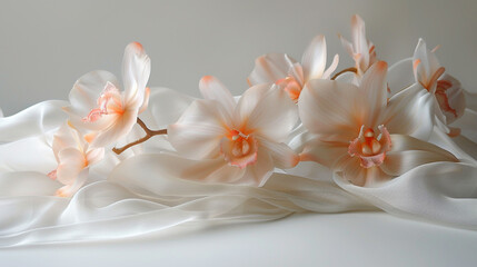 A minimalist yet opulent silk scarf, adorned with delicate hand-painted orchids, gracefully...
