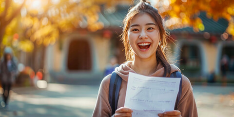 Excited happy Asian girl feels like a winner, happy about winning, gets a new job, female student gets good results in exam - obrazy, fototapety, plakaty