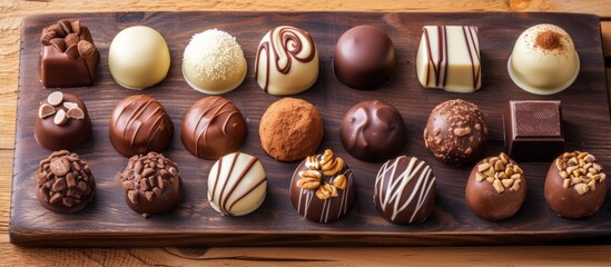 Exquisite wooden tray with assorted delicious chocolates, perfect for gifting or indulging in luxury sweets