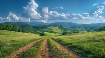 Fototapeta na wymiar panorama of beautiful countryside of romania. sunny afternoon. wonderful springtime landscape in mountains.