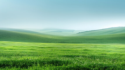 A serene landscape of rolling hills, accented with gentle morning mist