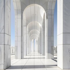 White marble cathedral with minimalist arches and sleek walkway poles