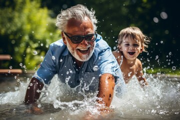 Obraz premium Joyful multi-generational family swimming and having fun in backyard pool during summer holiday