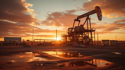 Oil Well Logging Services at Sunset, Pumpjack Operating at Golden Hour with the Warm Sunlight Casting a Magical Glow on the Equipment and Surroundings