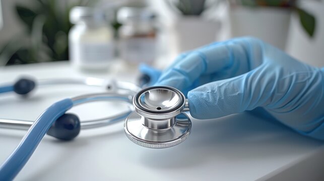 Shot of a stethoscope ,glove and mask lying on top of a white table