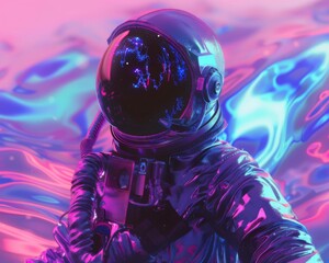 Naklejka premium Vibrant cosmic currents caress an elegant astronaut a minimalist portrait of serene exploration with ample copy space