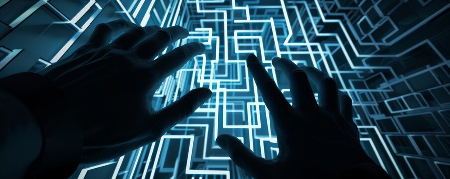 Mysterious hands navigate through digital mazes the keyboard a gateway to hidden cyber worlds