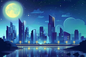 Naklejka premium A night scene with a futuristic city of skyscrapers shining under the moonlight