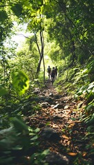 a group of people walking down a forest trail