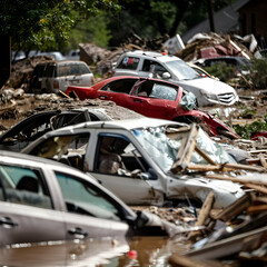 cars lay in debris after flood disaster