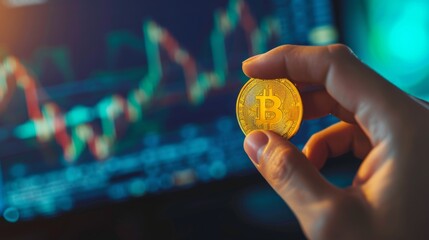 Close-up of a person's hand holding a golden Bitcoin, with blurred cryptocurrency trading data on a digital screen in the background.