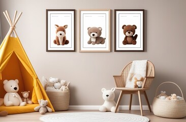 Stylish scandinavian newborn baby room with brown wooden mock up poster frame, toys, plush animal and child accessories
