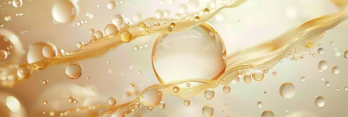 gold yellow bubbles, molecules with floating gold bubbles, Collagen Skin Serum and Vitamin bubbles in water, playful and vibrant, for beauty skin care cosmetics, spa products, or feminine brand,banner