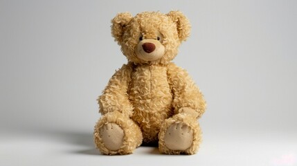 A classic teddy bear seated against a white background, its fluffy fur and friendly expression inviting cuddles and play.