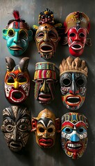 a group of colorful masks hanging on a wall