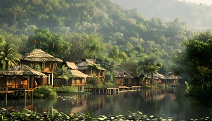 Village house by the river, with fantasy style, painting style, generated by AI