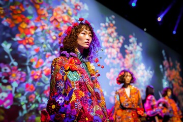 Woman in a vibrant floral dress on a fashion show runway, with a stunning visual backdrop and elegant presence.