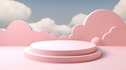 Pink Platform for Product Display with Dreamy Clouds