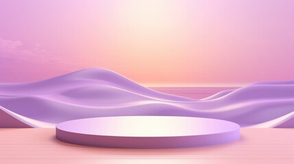 A serene purple gradient background with fluid wave forms and a central display stand.