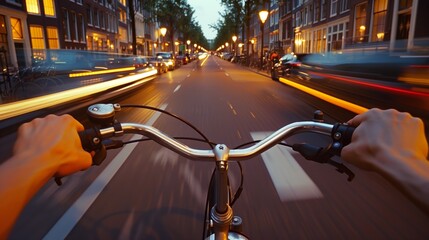 Long exposure, point of view shot, riding a bicycle to work in city. European country vibe.