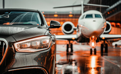 Luxury car parked at an airport with a jet in the background on a rainy evening, symbolizing upscale travel and transportation.