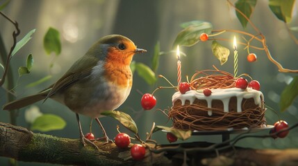 A contented robin perched on a branch next to a cake decorated with berries and worms, with candles arranged in the shape of a bird's nest. - obrazy, fototapety, plakaty