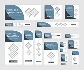 Fast food web banner design template set, horizontal and vertical web banner. Blue color, dark blue and white background, added image place, food header, social media ads banner 