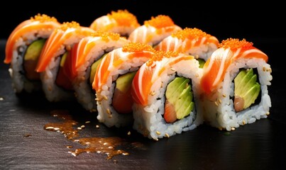 Close-Up of Sushi on Black Surface