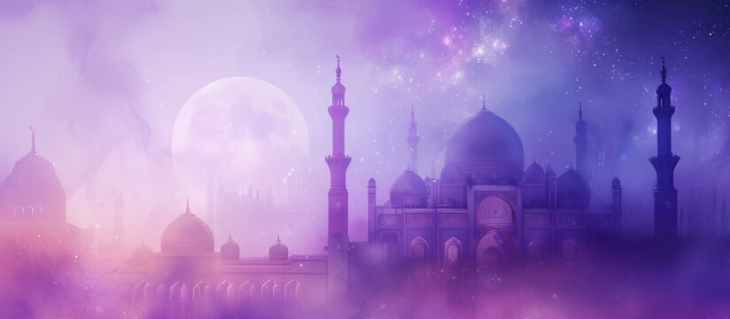 Mystical Mosque Silhouette - An Ethereal Scene of Islamic Architecture Under a Vibrant Sky, Illuminated by a Crescent Moon and Stars