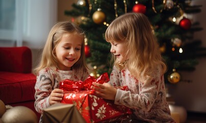 Obraz na płótnie Canvas Two Little Girls Opening a Christmas Present by a Christmas Tree