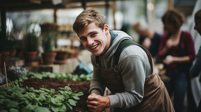 Young man with down syndrome working in garden centre carrying basket with plants