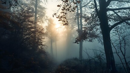 the sun is shining through the fog in the woods