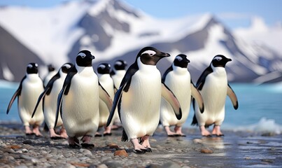 Group of Penguins Standing on Rocky Beach