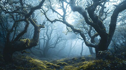 a foggy forest filled with lots of trees - obrazy, fototapety, plakaty