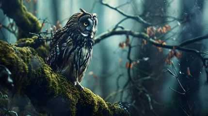 Raamstickers an owl is perched on a mossy branch © KWY