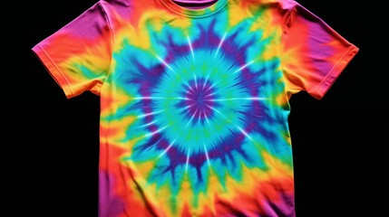 A vibrant tie-dye T-shirt, bursting with color against a psychedelic swirl background