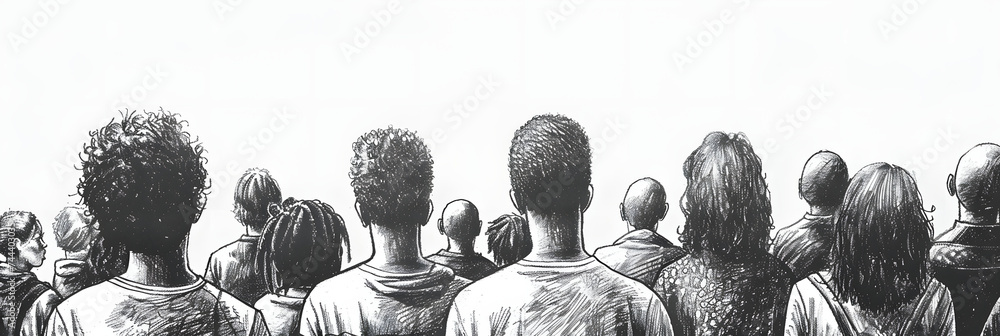 Canvas Prints a monochrome illustration depicting a diverse group of individuals from behind, in a crowded setting