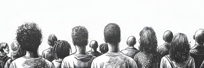 A monochrome illustration depicting a diverse group of individuals from behind, in a crowded setting, rendered in a sketch style with black and white shading. - obrazy, fototapety, plakaty