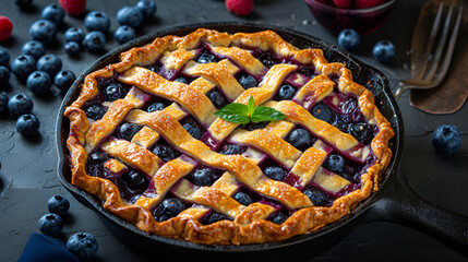 Pi Day special homemade blueberry pie baked in a skillet, celebrating Lunar New Year with traditional lantern decorations, illuminating a festive gathering, Generative Ai.

