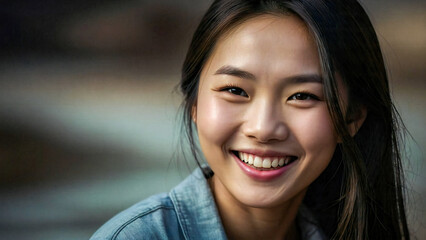 Close-up of an Asian lady's cheerful and inviting smile - obrazy, fototapety, plakaty