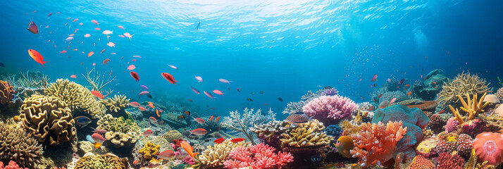 Fototapeta na wymiar underwater coral area with fish swimming around it, underwater blue sea