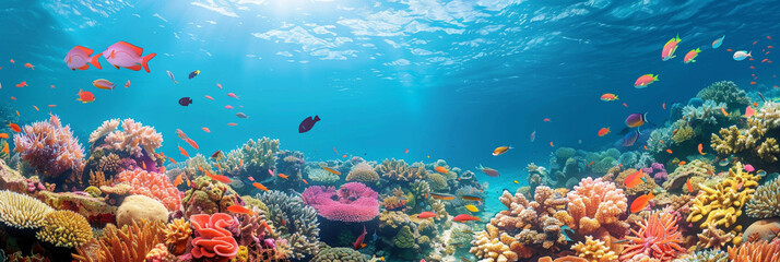  underwater coral area with fish swimming around it, underwater blue sea - obrazy, fototapety, plakaty