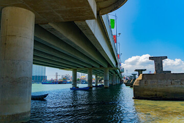 The city bridge over the river.
The Kai River in Nha Trang in Vietnam. The urban landscape.